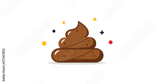 A humorous and stylized cartoon illustration of a glistening brown pile of feces, playfully embellished with colorful floating dots and a plus sign, against a clean white background.