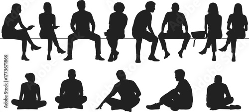 Silhouette people sitting collection, bench and ground poses, human posture diversity, lifestyle concept, modern vector artwork, creative illustration, body language 