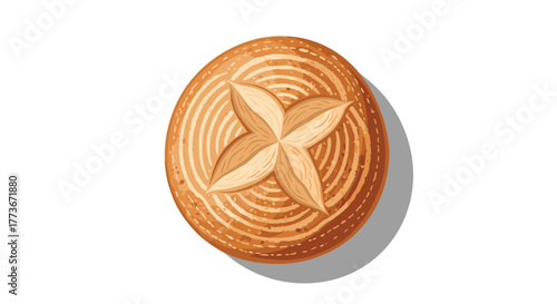 Top-down illustration of a freshly baked round sourdough bread loaf with beautiful decorative scoring on its golden-brown crust, casting a soft shadow.