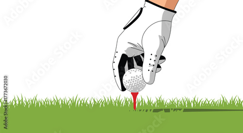 A golfer wearing a white glove carefully places a white golf ball onto a red tee, preparing for the first swing on a vibrant green golf course.