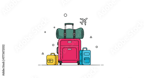A vibrant collection of travel luggage, featuring various suitcases and a rolled bag, with a small airplane flying above, symbolizing an upcoming journey or vacation.