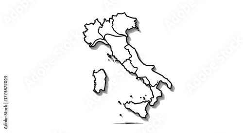 A black and white outlined political map of Italy, illustrating its various regions and major islands like Sardinia and Sicily, with a drop shadow.