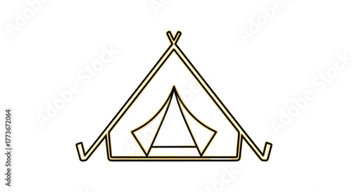 Minimalist line art drawing of a classic A-frame camping tent, featuring an inviting open entrance, symbolizing outdoor adventures, nature retreats, and wilderness exploration.