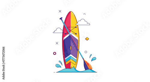 A vibrant, modern vector illustration featuring a colorful stand-up paddleboard (SUP) and its paddle, with playful abstract clouds and water splashes, perfect for summer fun and water sports.