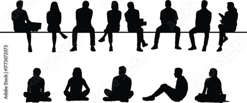 Silhouette people sitting collection, casual human poses, group lifestyle concept, reading laptop activity, modern vector artwork, creative illustration, posture reference design
