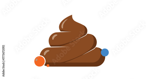 A graphic representation of a brown poop emoji with distinct orange and blue circular markers at its base, set against a clean white background.