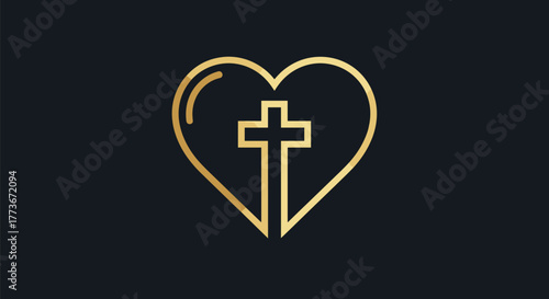 Golden outlined heart with a Christian cross symbolizing faith, love, and devotion, set against a dark background, representing spiritual connection and hope.