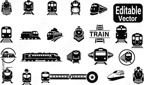 Monochrome Train and Railway Transportation Icons Collection .