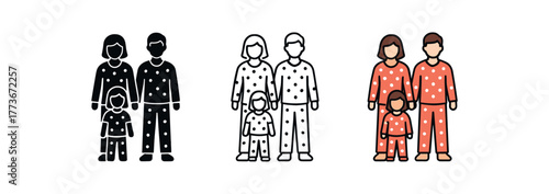 family matching pajamas icon on white background Black silhouette flat icon outline icon and colored icon style. 1x3 grid. three minimal vector icon style. centered composition clear white