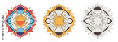Solstice and equinox mandala in different colors featuring sun and moon, isolated on transparent background
