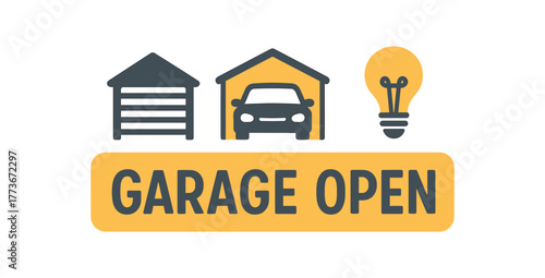 Flat vector banner design text GARAGE OPEN supporting icons of gate and light bulb gray and tones isolated on white marketing approved bright palette with balanced saturation clean contrast