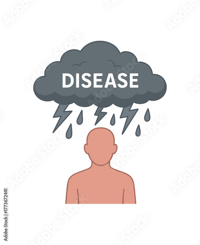 disease as cloud above human silhouette metaphor for chronic condition and struggle flat vector illustration style isolated on white background clean lines soft no gradient no text centered