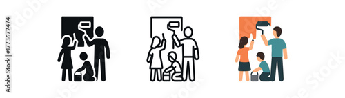 family painting together icon on white background Black silhouette flat icon outline icon and colored icon style. 1x3 grid. three minimal vector icon style. centered composition clear white
