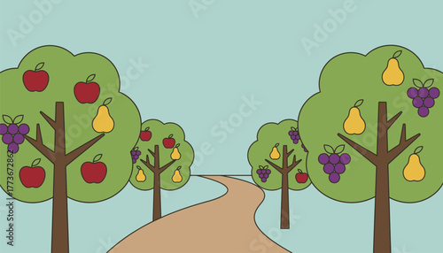 A serene orchard pathway lined with fruitladen trees their branches heavy with the colors of ripening harvest.