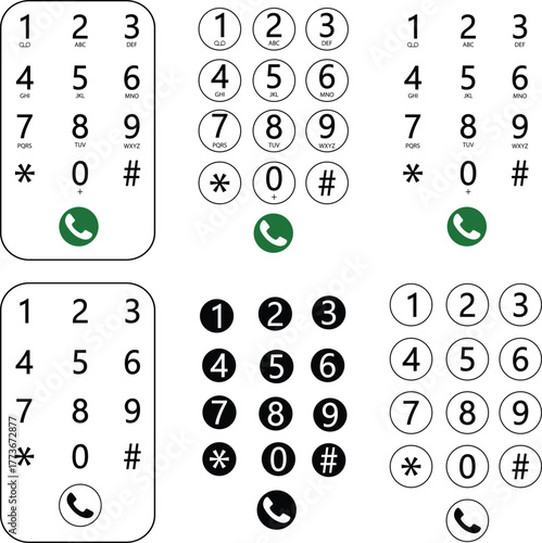 Dial number icons set, phone keypad collection, telephone button group, numeric pad symbol vector illustration, black and line style communication design collection, isolated on transparent background