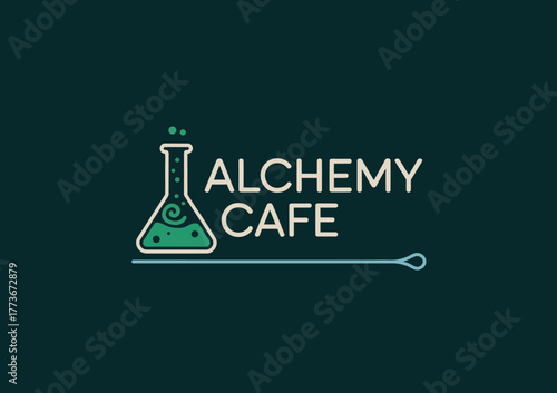 This logo for Alchemy Cafe features a whimsical laboratory flask, symbolizing creativity and unique beverages, perfect for a trendy cafe brand.