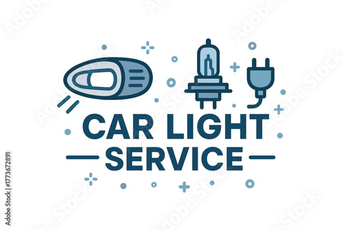 Flat vector banner design text LIGHT SERVICE supporting icons of headlight bulb and cable silver and blue palette isolated on white marketing approved bright palette with balanced