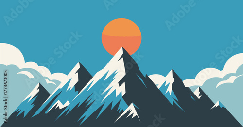 A stunning mountain scene featuring sharp peaks, snow caps, a vibrant sun setting behind, and fluffy clouds creating a serene atmosphere that invites reflection and contemplation.