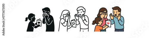 kids surprising parents with card icon on white background Black silhouette flat icon outline icon and colored icon style. 1x3 grid. three minimal vector icon style. centered composition