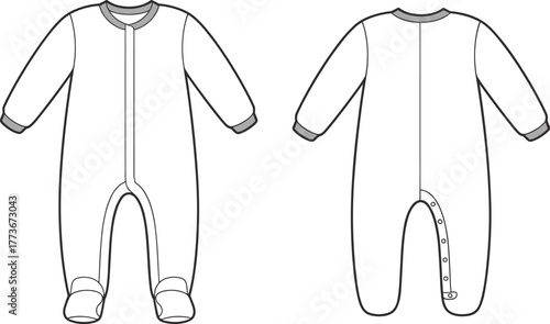 Baby onesie sketch, front and back view, zipper and snap closure, ribbed cuffs, footed design, fashion template, apparel layout