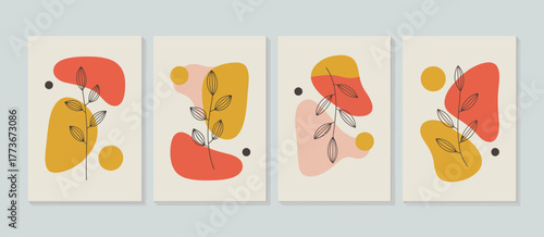 This collection showcases four unique abstract designs featuring vibrant colors and organic shapes, appealing to contemporary art lovers and interior decorators looking for inspiration.