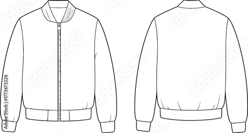 Bomber jacket technical sketch, front and back view, ribbed collar, cuffs, waistband, zipper closure, fashion template, apparel layout