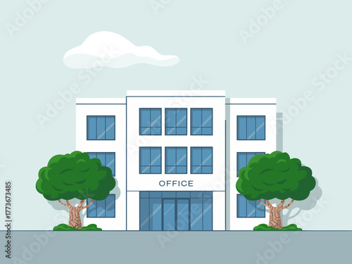 A clean and modern illustration of an office building framed by lush green trees and clouds, representing a professional environment and work-life balance in a serene setting.