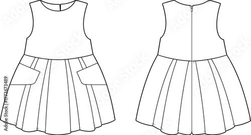 Sleeveless pleated dress sketch, front and back view, patch pockets, fitted bodice, zipper closure, fashion template, apparel layout