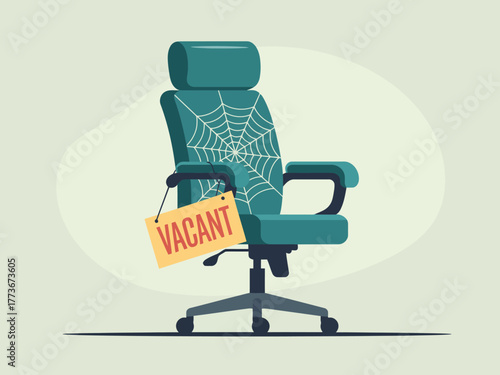 An eerie vacant office chair adorned with a spider web and a 'VACANT' sign, symbolizing neglect and the passage of time in a once-busy workspace.