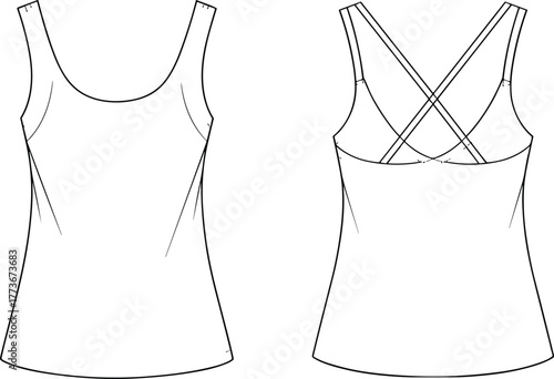 Women’s camisole top sketches, front and back views, scoop neck, V-neck, crisscross straps, bust darts, fashion template