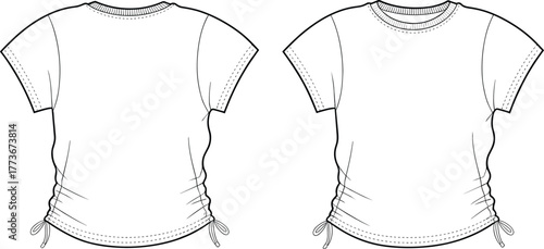 Women’s drawstring T-shirt sketch, front views, round neckline, short sleeve, side ties, ribbed collar variation, fashion template