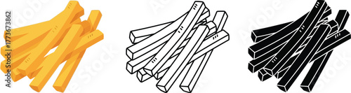 Three variations of fries illustration on a plain white background
