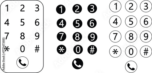 Dial number icons set, phone keypad collection, telephone button group, numeric pad symbol vector illustration, black and line style communication design collection, isolated on transparent background