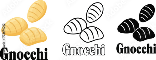 Three gnocchi illustrations in color, outline, and solid black style