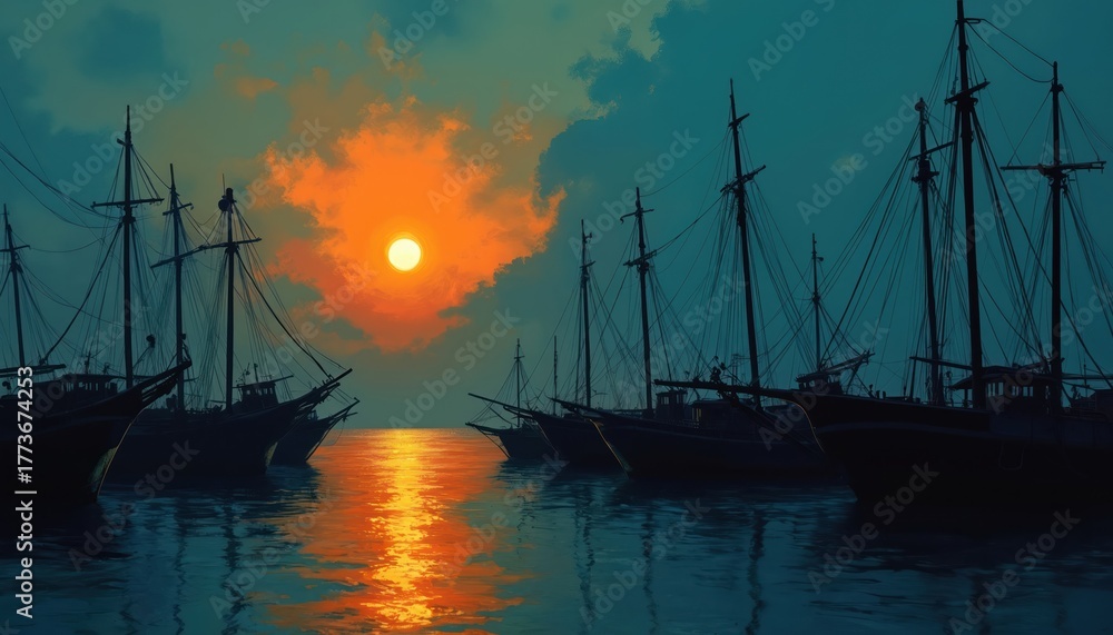 Fototapeta premium Many tall mast ships stand silhouetted at vibrant orange sunset. Calm ocean water reflects bright sun, dark blue evening sky. Vintage sailing vessels sit peacefully in quiet port at beautiful dusk.