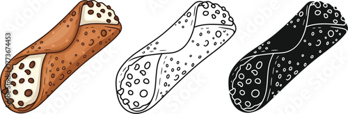 Three illustrations of cannoli with different rendering styles shown
