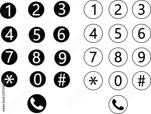 Dial number icons set, phone keypad collection, telephone button group, numeric pad symbol vector illustration, black and line style communication design collection, isolated on transparent background