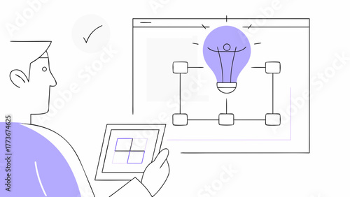 Person analyzing a digital interface displaying a lightbulb representing an idea and a flowchart structure
