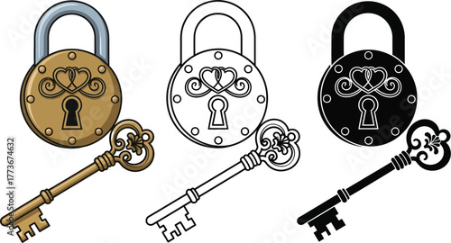Three locks and keys in color outline and black and white variations