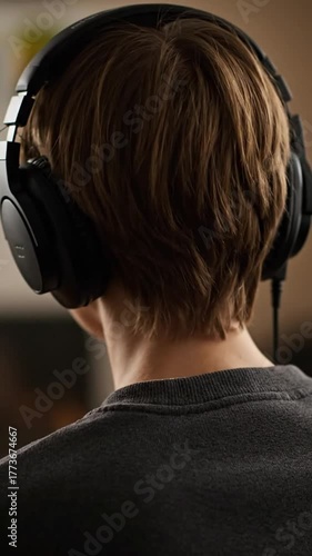 Person wearing headphones listens to audio indoors with soft lighting