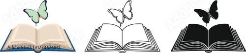 Three illustrations of open books with butterflies flying above them