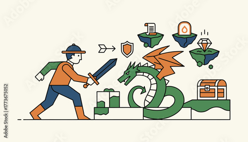 An explorer ventures into a vast virtual world filled with mythical creatures and quests engaging in battles and discovery as they complete challenges to gain rewards.