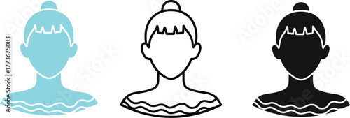 Three different styles of a woman with a bun and a wavy collar top