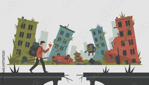 A user traverses a postapocalyptic landscape navigating through abandoned buildings and overgrown vegetation encountering various challenges and scavenging for resources.