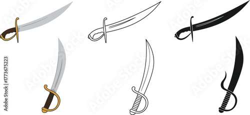 Various depictions of swords in color outline and silhouette forms