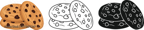 Three versions of chocolate chip cookies on a white background view