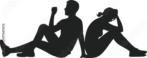 Two people sitting back to back silhouettes, emotional posture vector illustration, relationship conflict artwork, contemplation design, social concept, lifestyle graphic
