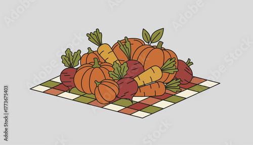 A bountiful spread of seasonal vegetables including squash carrots and beets arranged artfully on a checkered picnic blanket.