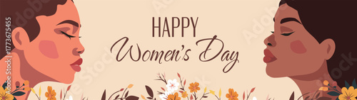 Happy Women's Day. Portraits of beautiful strong women faces surrounded by flowers. Vector banner with International Women's Day. Movements for gender equality and women's empowerment