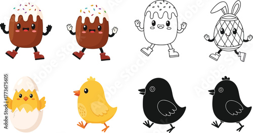 Cartoon easter characters including cakes eggs and chicks set
